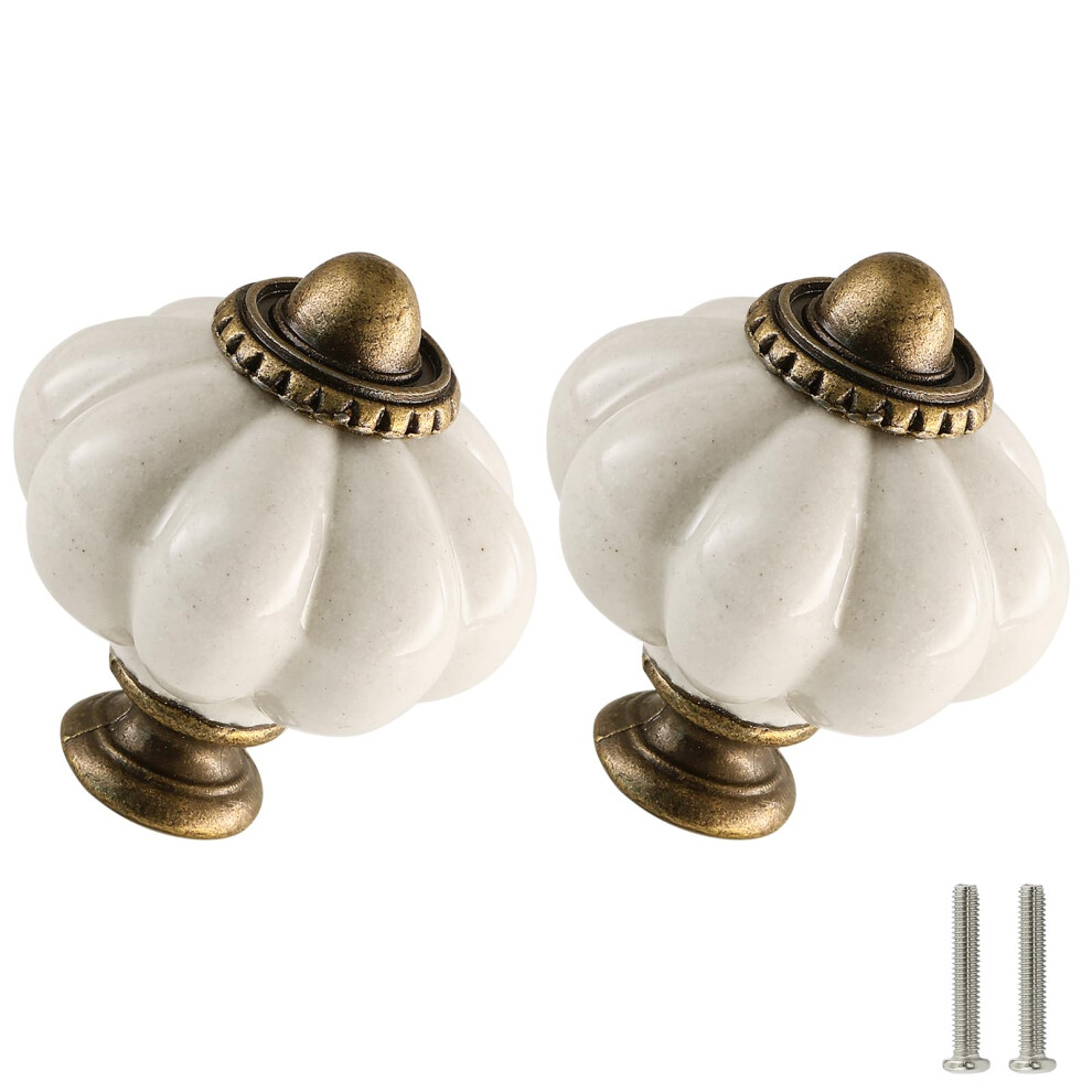 Ceramic Cabinet Knobs Antique White Pumpkin Design Vintage Drawer Pulls With Screws 2 Pack 9455672166348