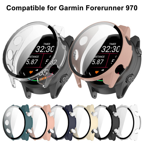 Tempered Glass Case and Screen Protector, Dual Layer Protective Cover 8 Pack for Garmin Forerunner 970 1