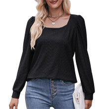 Loose Fit Tops For Women, Long Sleeve Shirts With Waist Slimming Curved Hem Lightweight And Breathable Eyelet Embroidery Fabric Square Neck Tops Puff