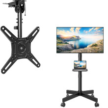 Flip Down TV Ceiling Mount Bundle with Height Adjustable Rolling TV Cart and Locking Wheels