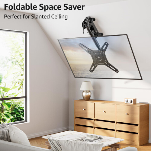 Flip Down TV Ceiling Mount Bundle with Height Adjustable Rolling TV Cart and Locking Wheels 2