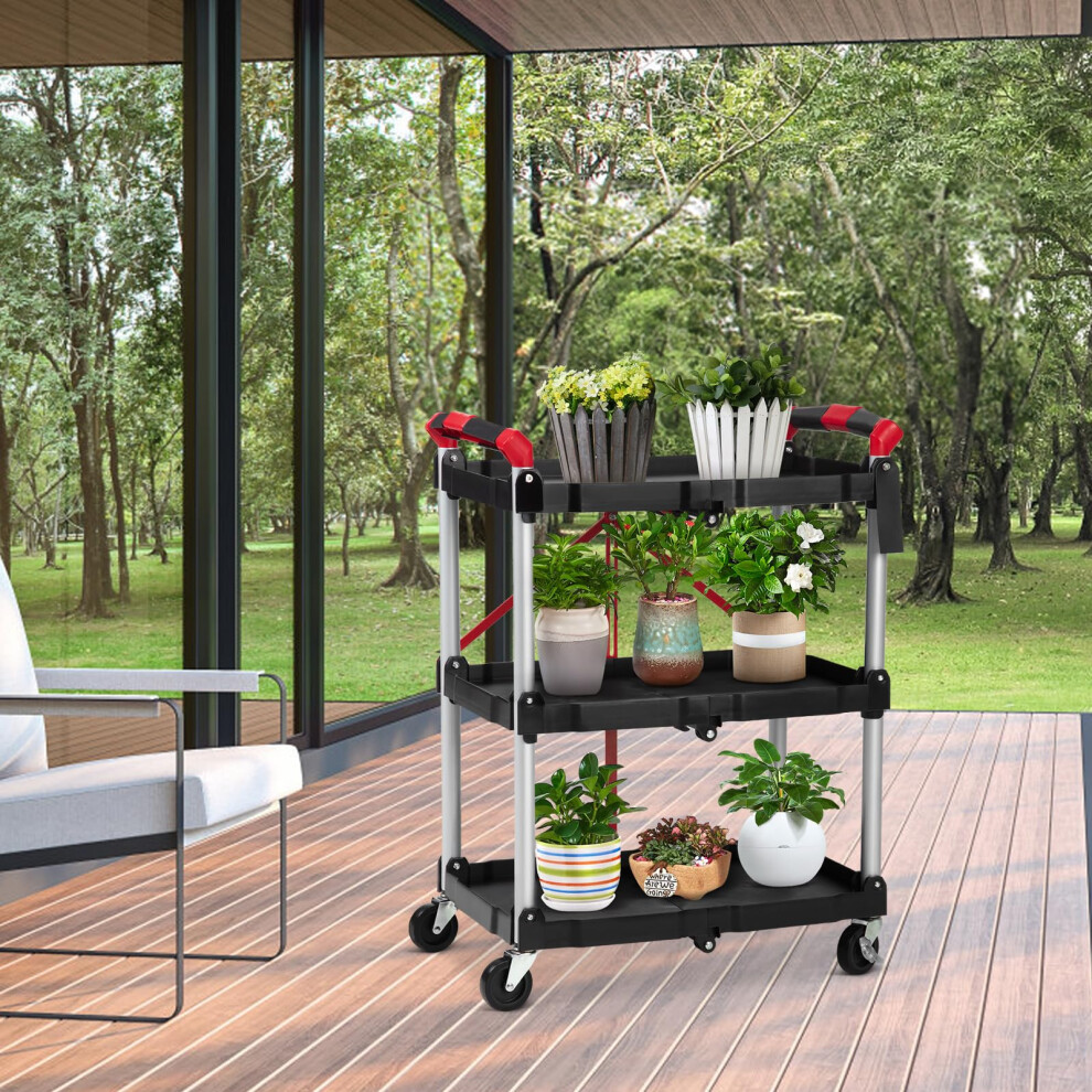 3 Tier Folding Utility Cart With Wheels, Collapsible Service Cart With Brakes For Home Office Garage Black 9169991822952