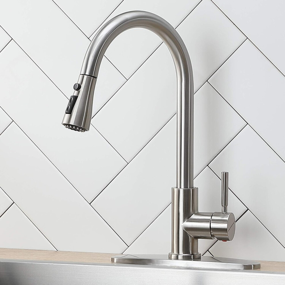 Brushed Nickel Pull Down Kitchen Faucet With Sprayer, Single Handle Arc 3Mode Rotation 9092120658125