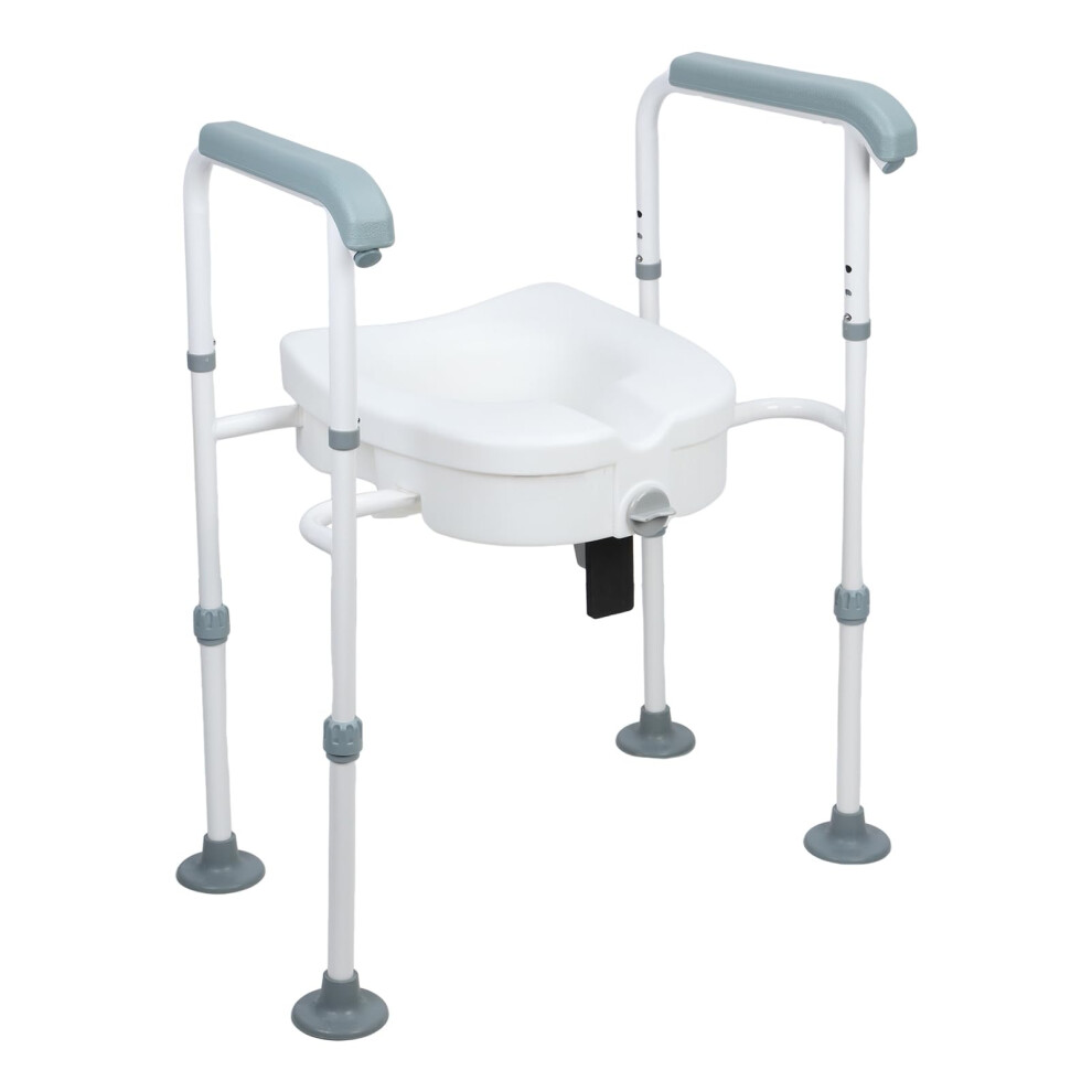 Raised Toilet Seat Riser with Adjustable Padded Armrests and AntiRollover Support Legs for Elderly