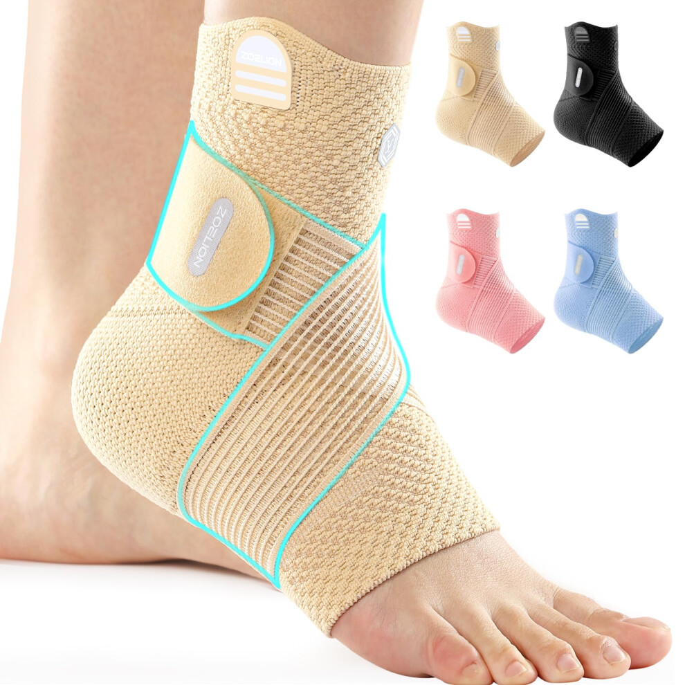Ankle Compression Sleeve with Removable Strap for Plantar Fasciitis Achilles Support, Beige Medium