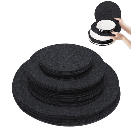 96 Pack Felt Plate Protectors Set, Scratch MultiSize Dish Storage Pads for Stacking Porcelain Dinnerware, Black