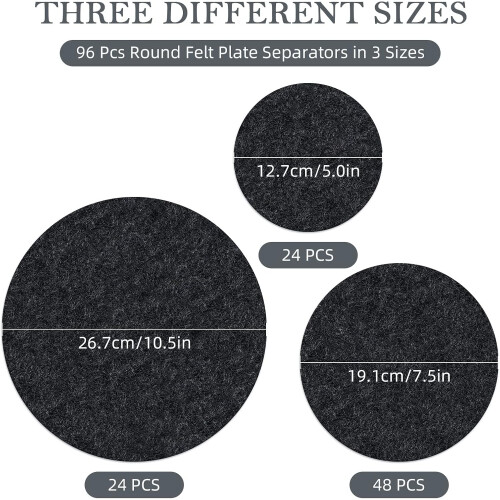 96 Pack Felt Plate Protectors Set, Scratch MultiSize Dish Storage Pads for Stacking Porcelain Dinnerware, Black 1