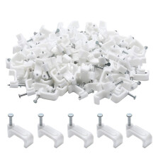100pcs 14mm Flat Ethernet and Coaxial Cable Clips with Nails for Secure Wire Management White