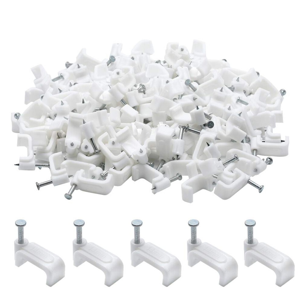 100Pcs 14Mm Flat Ethernet And Coaxial Cable Clips With Nails For Secure Wire Management White 9092120660432