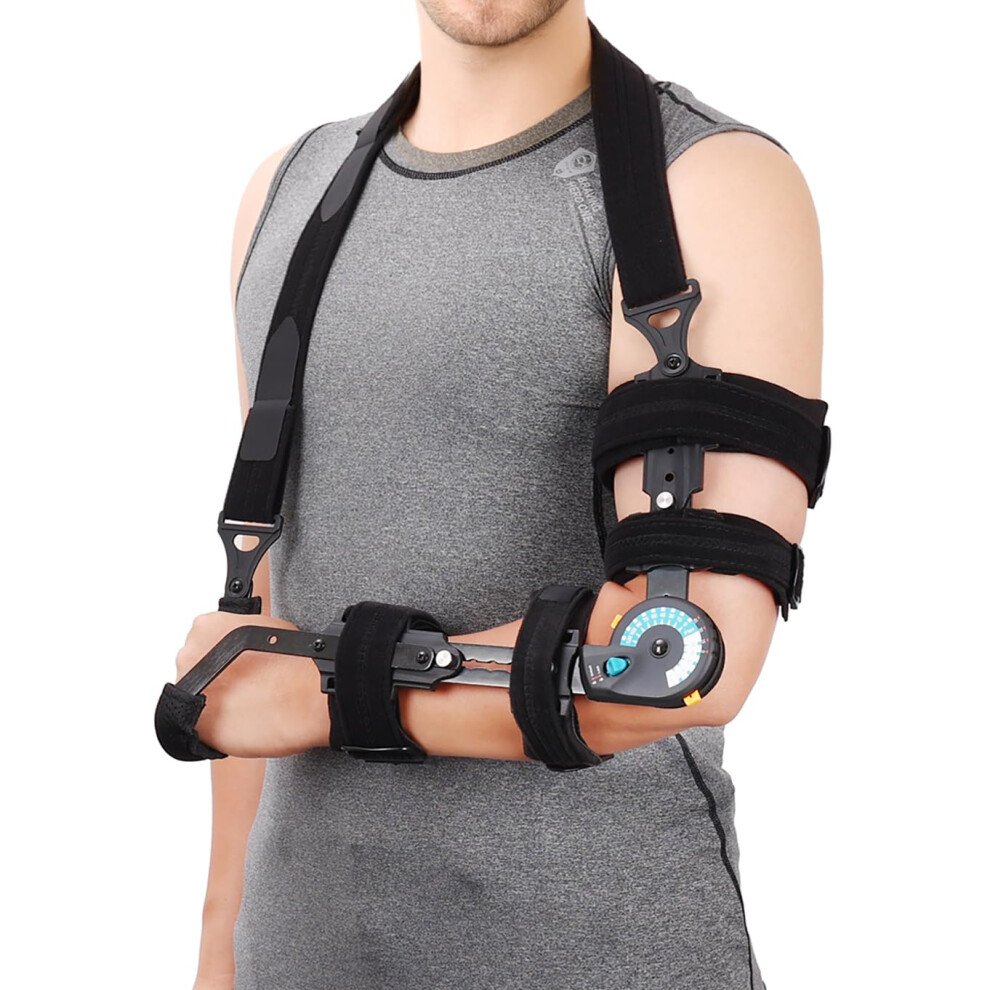 Adjustable Hinged Elbow Brace for Right Arm with Hand Grip, ROM Support for Post Surgery Recovery