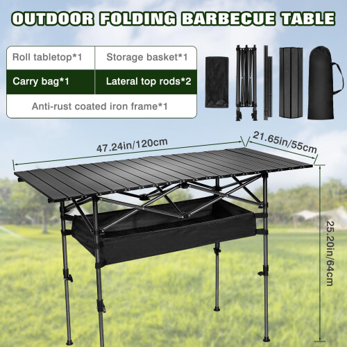 Foldable Camping Table with Adjustable Height, Large Storage, Durable Iron Frame and Carry Bag 1