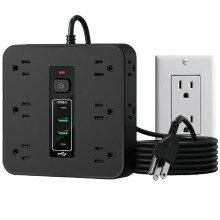 16 Outlet Surge Protector Power Strip with USB and Type C Ports, Flat Plug 5FT Cord for Home Office Travel, Black