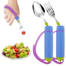 Adaptive Eating Utensils with Adjustable Silicone Strap, 360 Rotatable Easy Grip Spoon and Fork for Parkinson's