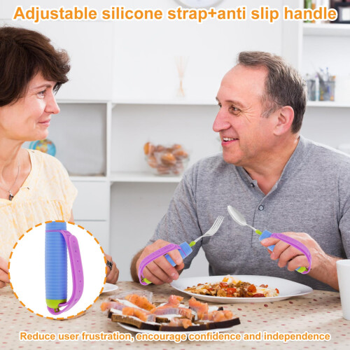 Adaptive Eating Utensils 360 Rotatable Spoon and Fork Set with Adjustable Silicone Strap and Easy Grip Handle 2