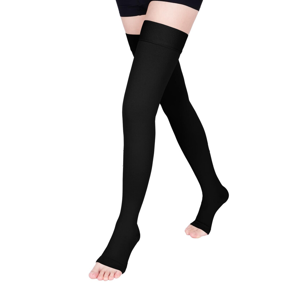 Black 1520 Mmhg Thigh Compression Stockings Open Toe 4XL Graduated Support For Varicose Veins