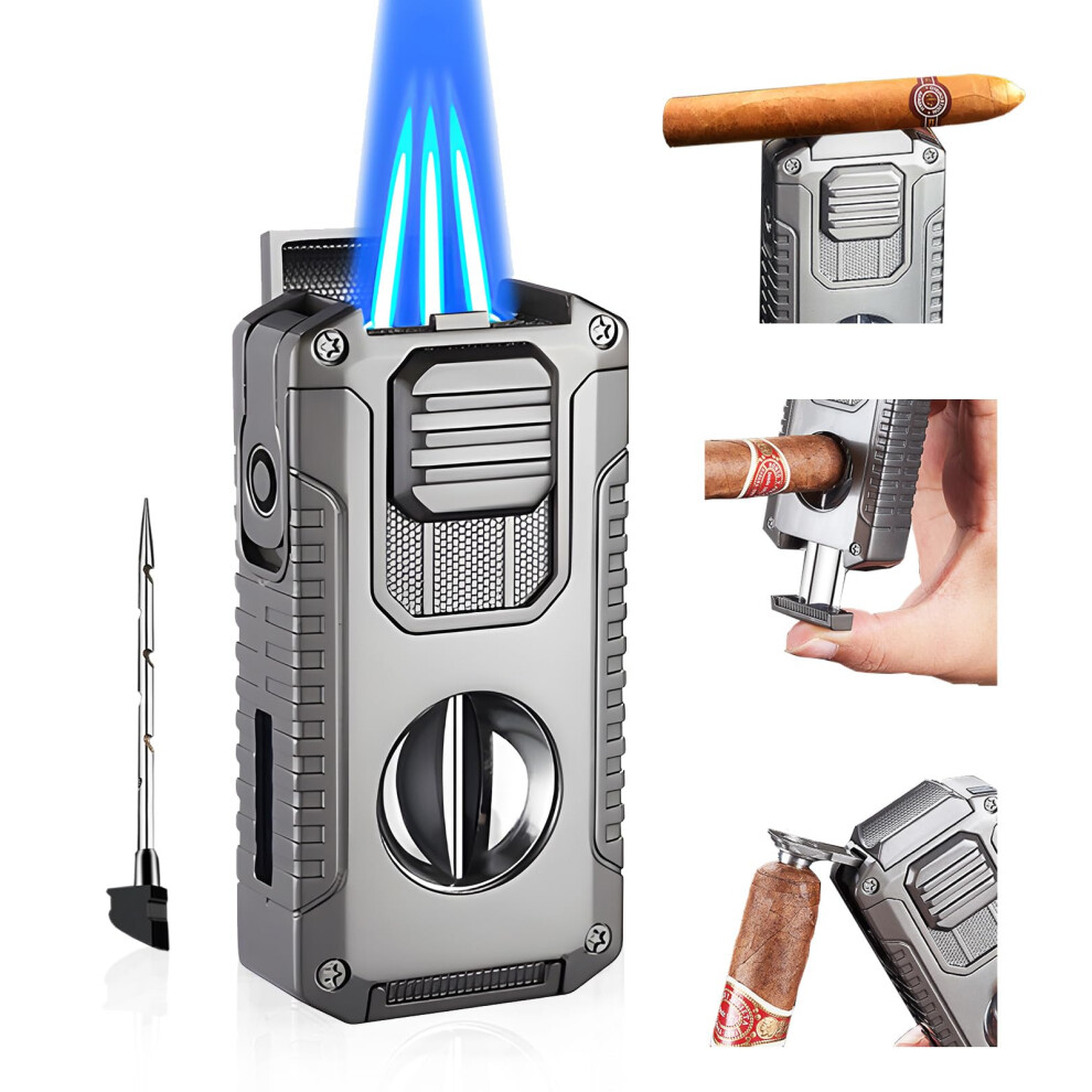 Triple Jet Flame Cigar Torch Lighter with V Cutter and Punch, 5in1 Windproof Refillable Butane