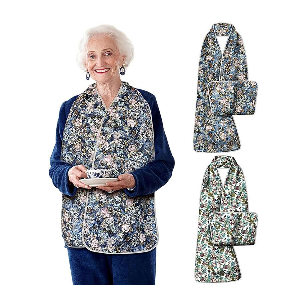 2 Pack Washable Adult Bibs Scarf for Elderly, Reusable Clothing Protector with Snap Closure