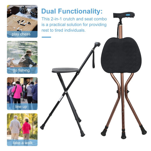 Folding Cane with Seat and LED Light, Adjustable Height Aluminum Walking Stick Stool for Elderly 2