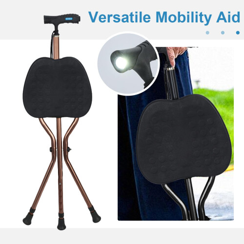 Folding Cane with Seat and LED Light, Adjustable Height Aluminum Walking Stick Stool for Elderly 1