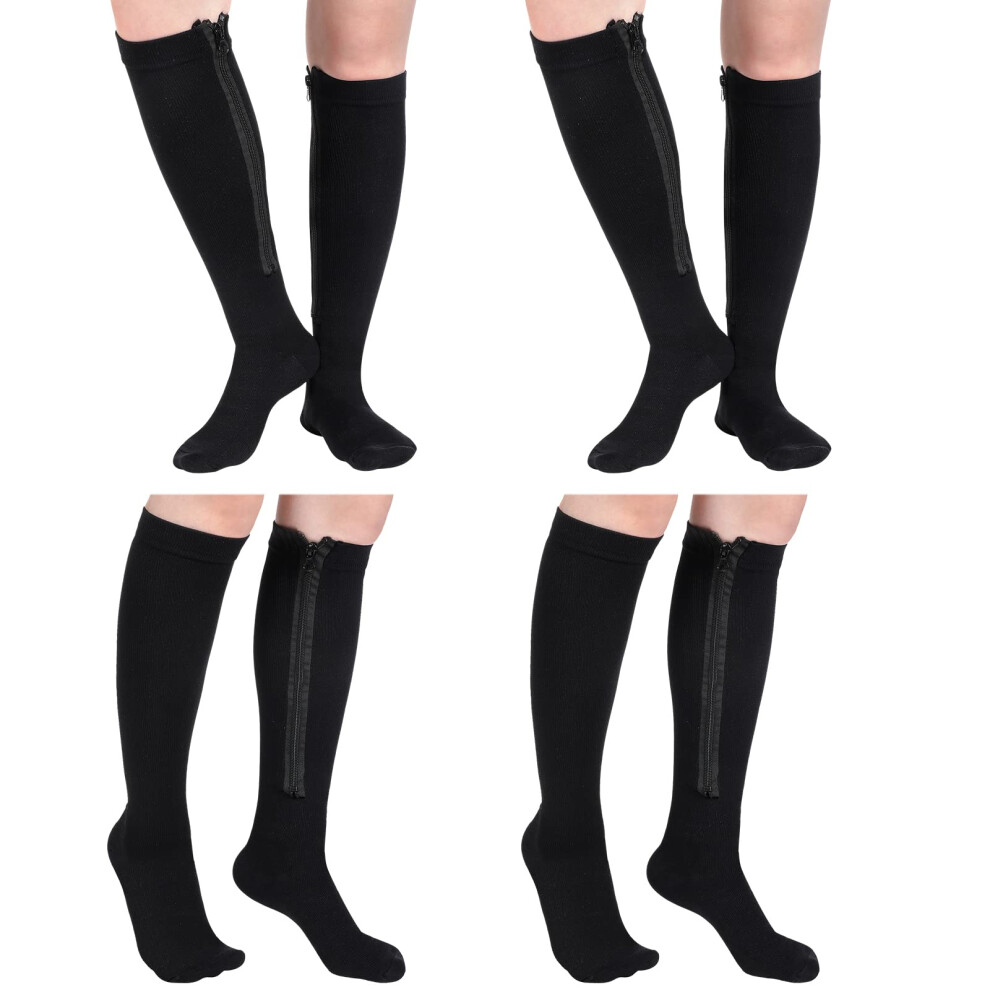 Black 4 Pairs 2030 Mmhg Closed Toe Zipper Compression Socks Knee Stockings For Men And Women Swelling Edema Xxxlarge