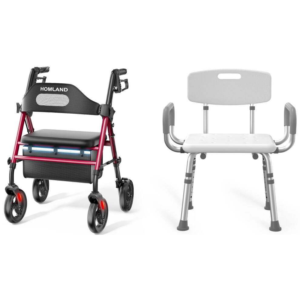 Heavy Duty Rollator Walker with Seat Height Adjustment and Shower Chair with Arms for Seniors
