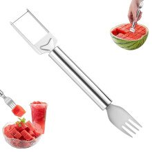 2in1 Stainless Steel Watermelon Cutter and Slicer with Fork, Uniform Cube Cutting Kitchen Tool