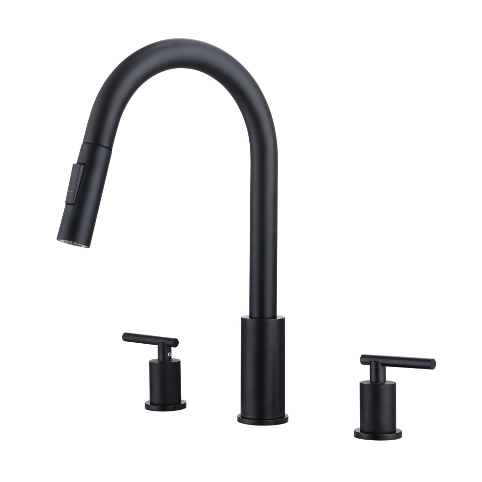 Black Kitchen Faucet With Pull Down Sprayer, Matte Finish 2 Handle 360 Swivel Spout Widespread 9455672189767