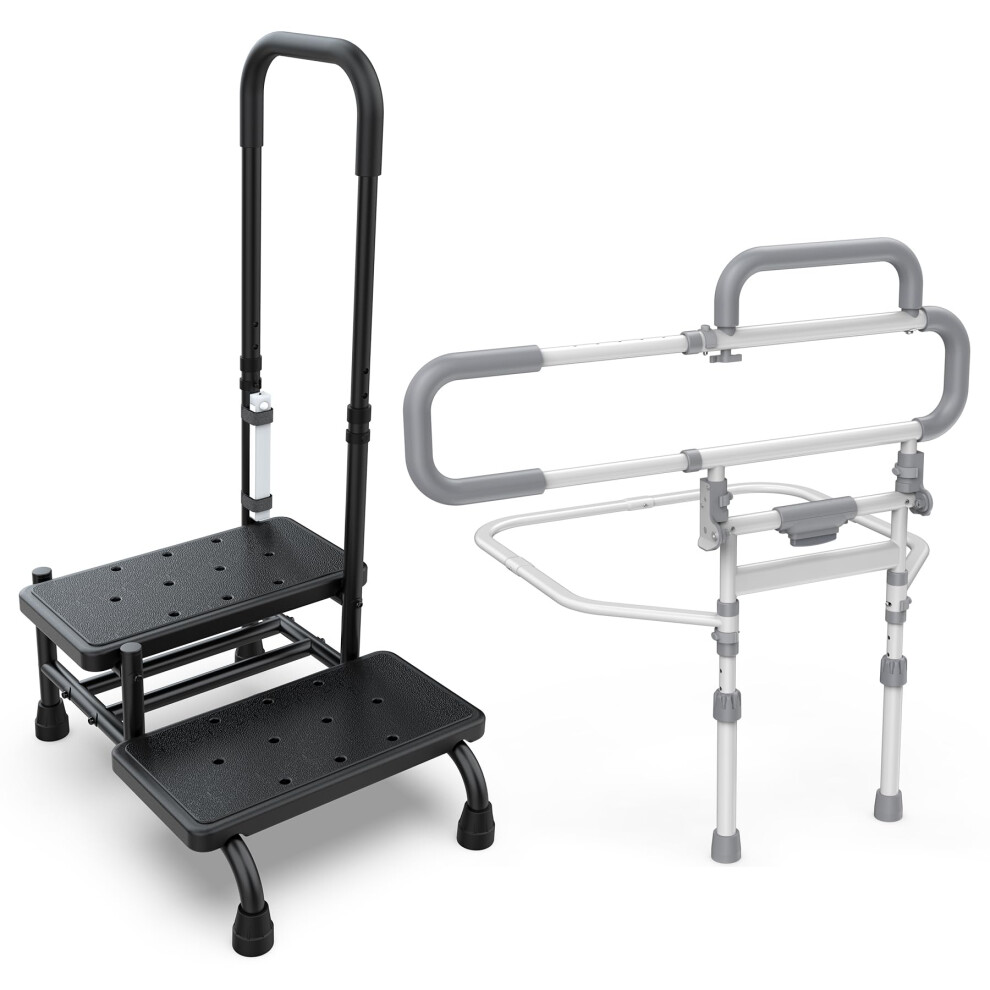 Light Adjustable Bed Rail And 2 Step Stool With Handle For Elderly, Night Antislip, 450Lb Capacity