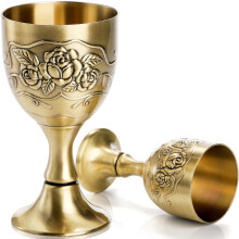 2 Pack Vintage Chalice Goblet Set, Flower Embossed Gold Communion Cups, Brass Wine Goblets for Ritual Wedding 5oz 1oz