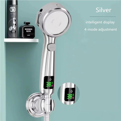 Pressure Handheld Shower Head with LED Temperature Display, Water Saving Adjustable Spray, Silver 1