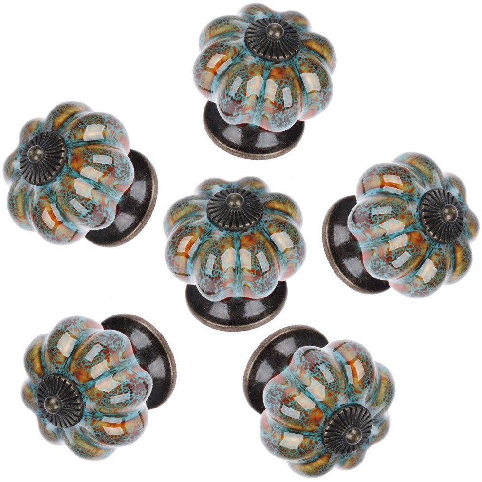 6Pcs Blue Vintage Pumpkin Ceramic Drawer Knobs And Cabinet Handles With Leopard Print For Wardrobe 9092120687378