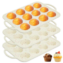 Silicone Muffin Pan Set of 3, 12 Cup Nonstick Baking Tray with Metal Frame and Handles, BPA Cupcake Mold