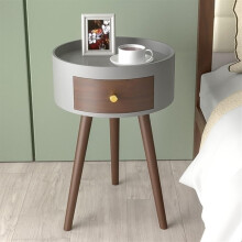 Modern Round Side Table with Drawer, Wooden Bedside Nightstand for Bedroom or Living Room, Grey