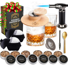 Whiskey Smoker Kit with Torch, 2 Glasses, Ice Ball Makers, 6 Wood Chip Flavors, Old Fashioned Set