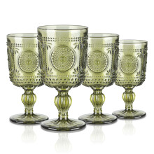 Vintage Wine Glasses Set of 4, 10 oz Sunflower Embossed Goblets for Wedding Party, Dishwasher Safe