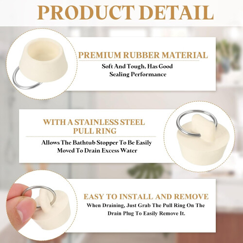 Bathtub and Sink Drain Stopper 2Pack White Rubber with Pull Ring Fits Standard Drains LeakProof 1