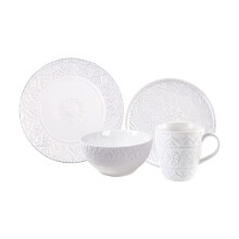 14Piece Ceramic Dinnerware Set for 4, White Bone China with Elegant Floral Embossed Plates and Bowls
