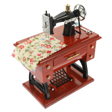 Vintage Sewing Machine Music Box with Wooden Base, Hand Crank Design, Retro Collectible Decor