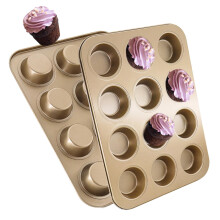 Nonstick 12 Cup Muffin Pan, Carbon Steel, WarpResistant, Even Heat, Dishwasher Safe, 2 Pack Golden