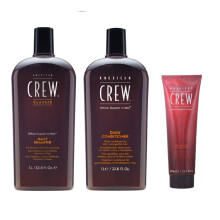 American Crew Daily Moisturizing Shampoo 1000ml, Conditioner 1000ml and Light Hold Gel 390ml