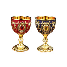 Vintage Metal Wine Goblet Set of 2, 30ml Embossed Mini Chalice with Gemstone for Home and Bar