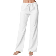 Calças de verão femininas inspiradas no linho, com pernas largas e estilo casual. Confeccionadas em algodão e linho leves, com cintura elástica e