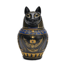 Egyptian Bastet Cat Cremation Urn Hand Painted Resin Pet Memorial for Ashes Black Gold Blue