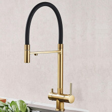 3 Way Brushed Gold Kitchen Faucet with Filter 360 Swivel Brass Spout Dual Handle Control