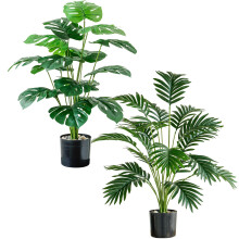 28 Inch Artificial Monstera and Palm Tree Set with Pots, Realistic Faux Plants for Home Decor