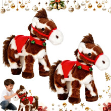 Electric Walking Plush Horse with Red Saddle and Green Bell, Animated Spotted Stuffed Animal