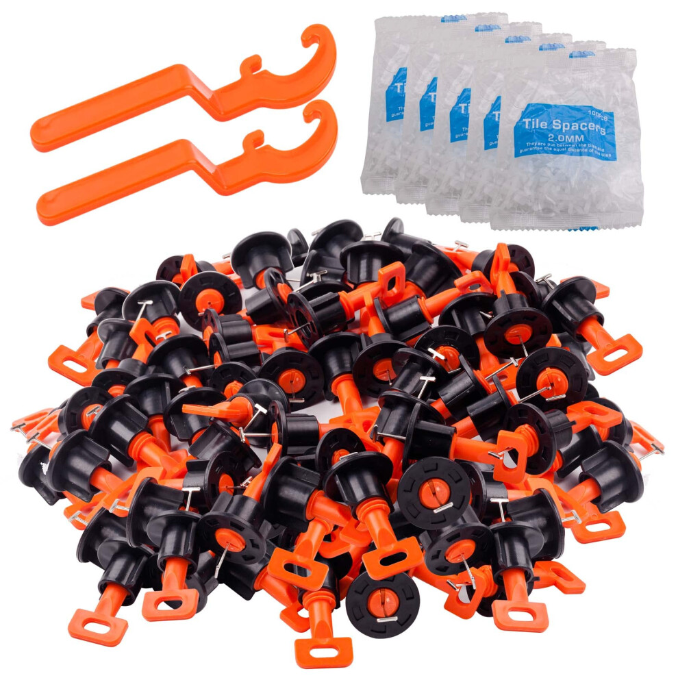 Tile Leveling System Kit With 100Pcs Rotating Thread Levelers, 500Pcs 2Mm Spacers And 2 Wrenches 9092120729320
