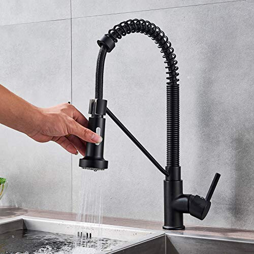 Black Pull Down Kitchen Faucet with Sprayer, Single Handle Deck Mount for Farmhouse or Bar Sink