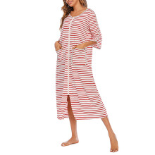 Women’s Red Striped Nightgown 3/4 Sleeve Zipper XXL Sleepwear
