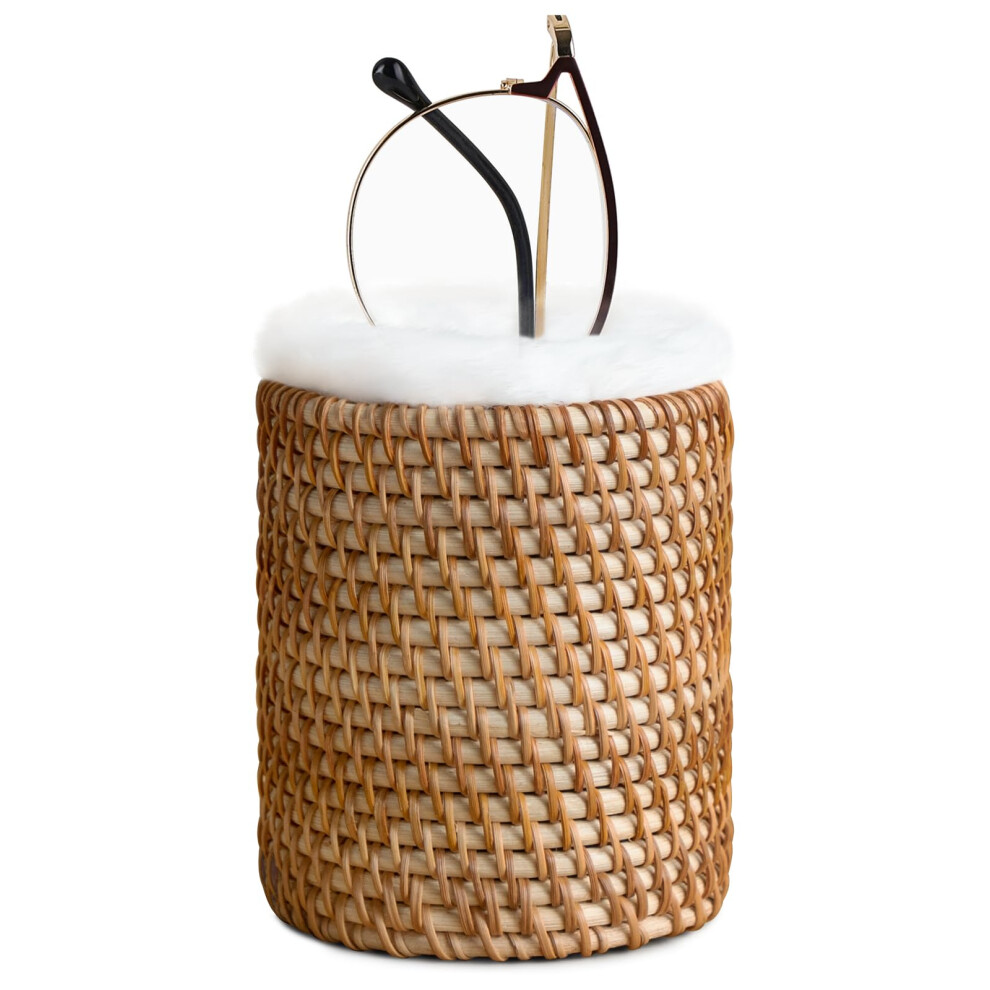 Glasses Holder with ScratchProtective Plush Lining, Handwoven Rattan Eyeglass Organizer for Nightstand